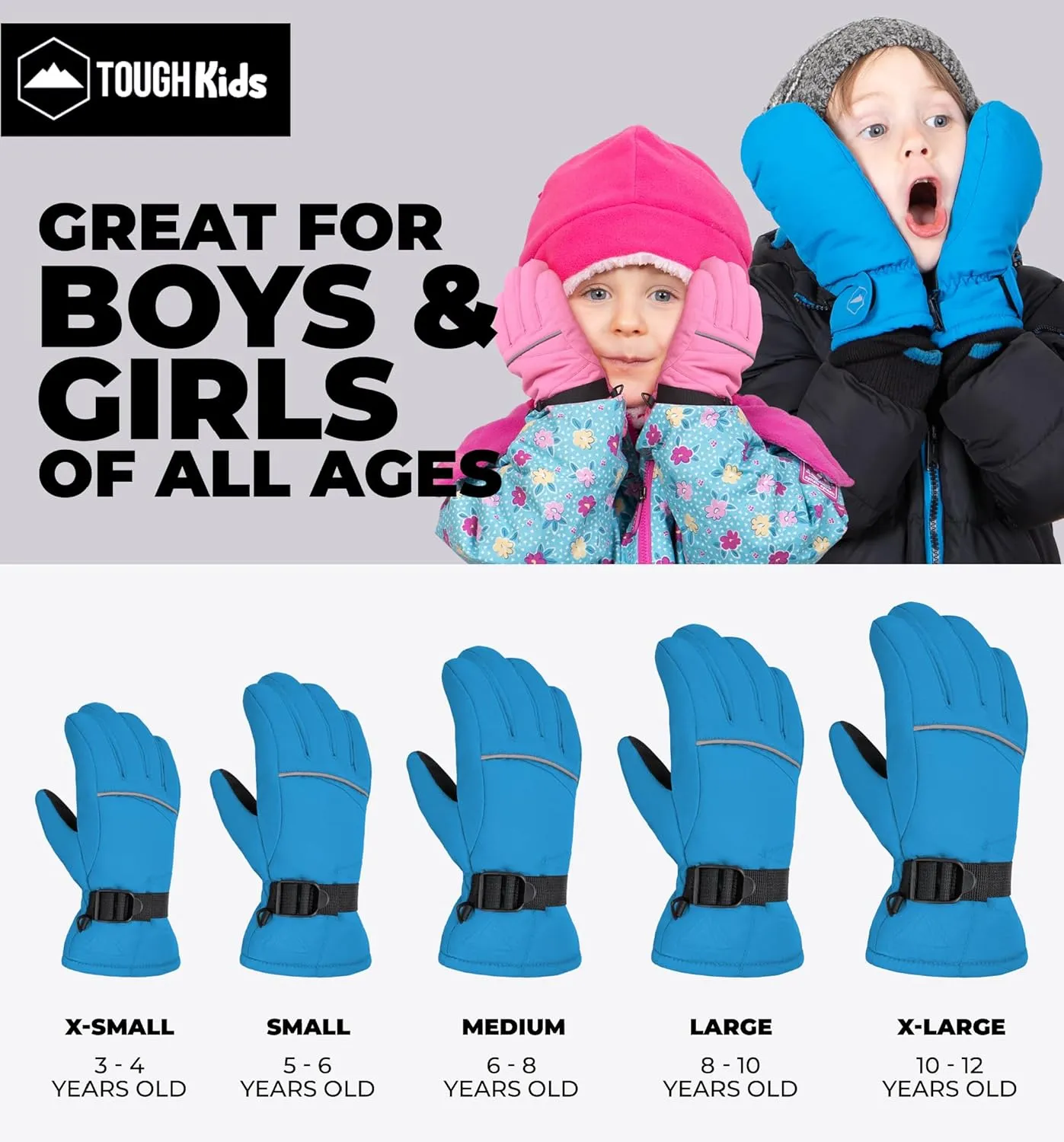 Tough Outdoors Kids Snow Gloves - Ski & Snowboarding Waterproof Insulated Winter Gloves for Girls, Boys & Toddlers