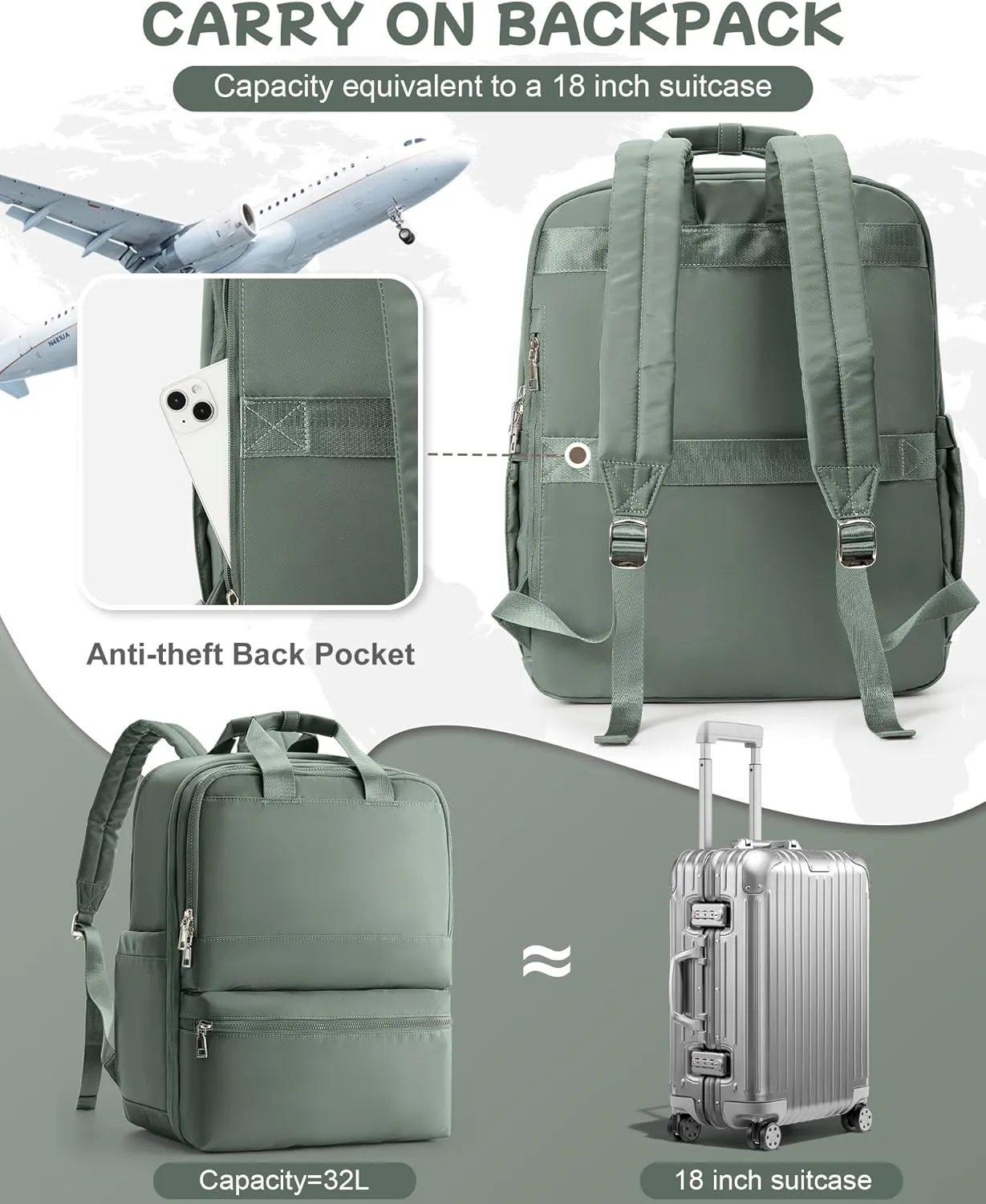 Travel Backpack Carry On Flight Approved Large Travel Backpack For Women Carry On Backpack Personal Item Travel Bag Laptop Teacher Backpack Work Backpack For Traveling On Airplane Army Green