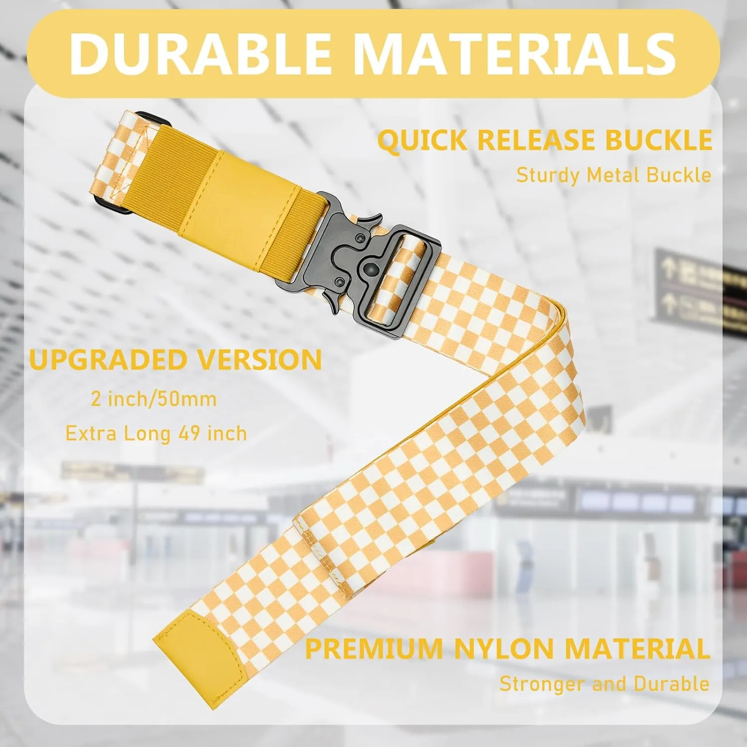 Travel Belt for Luggage, Adjustable Luggage Straps, Add a Bag Luggage Strap for Carry On Bag, Personalized Travel Accessories for Women & Men (Yellow)