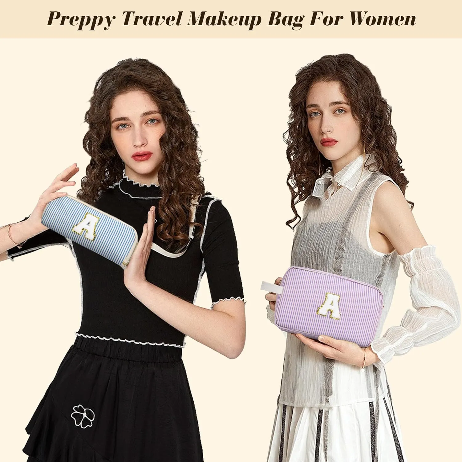 Travel Makeup Bag Gift for Women Girl Teens Preppy Stuff Cosmetic Bag Set, Cute Make Up Bag With Handle Personalized Initial Makeup Pouch Skin Care with Makeup Brush Bag Letter S (Blue&White Stripes)