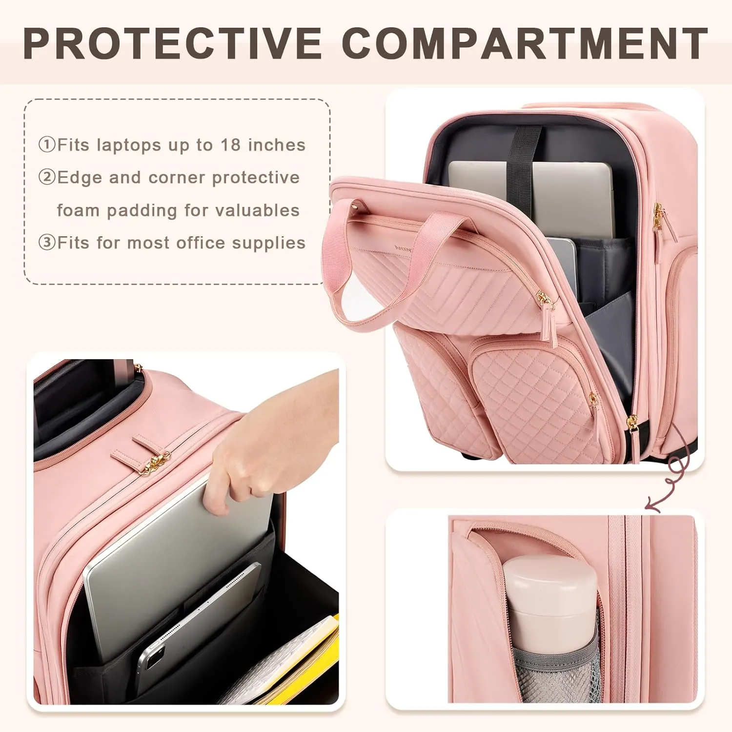 Underseat Carry On Luggage with Wheels, Airline Approved Personal Item Bag, Multiple Compartment Travel Carry-On with Leather Handle, Soft Side Lightweight Rolling Suitcase for Women, Pink, L