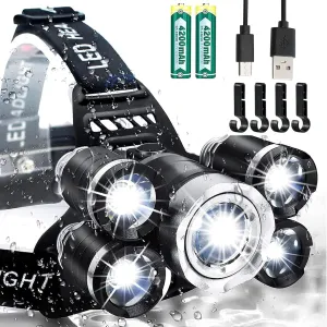 USB Rechargeable Headlamp 12000 Lumen Ultra Bright LED Work Headlight, 4 Modes Waterproof Head Lamp Best Headlamps for Adults, Camping, Outdoors & Hard Hat Work Zoomable Headlight (Sliver)