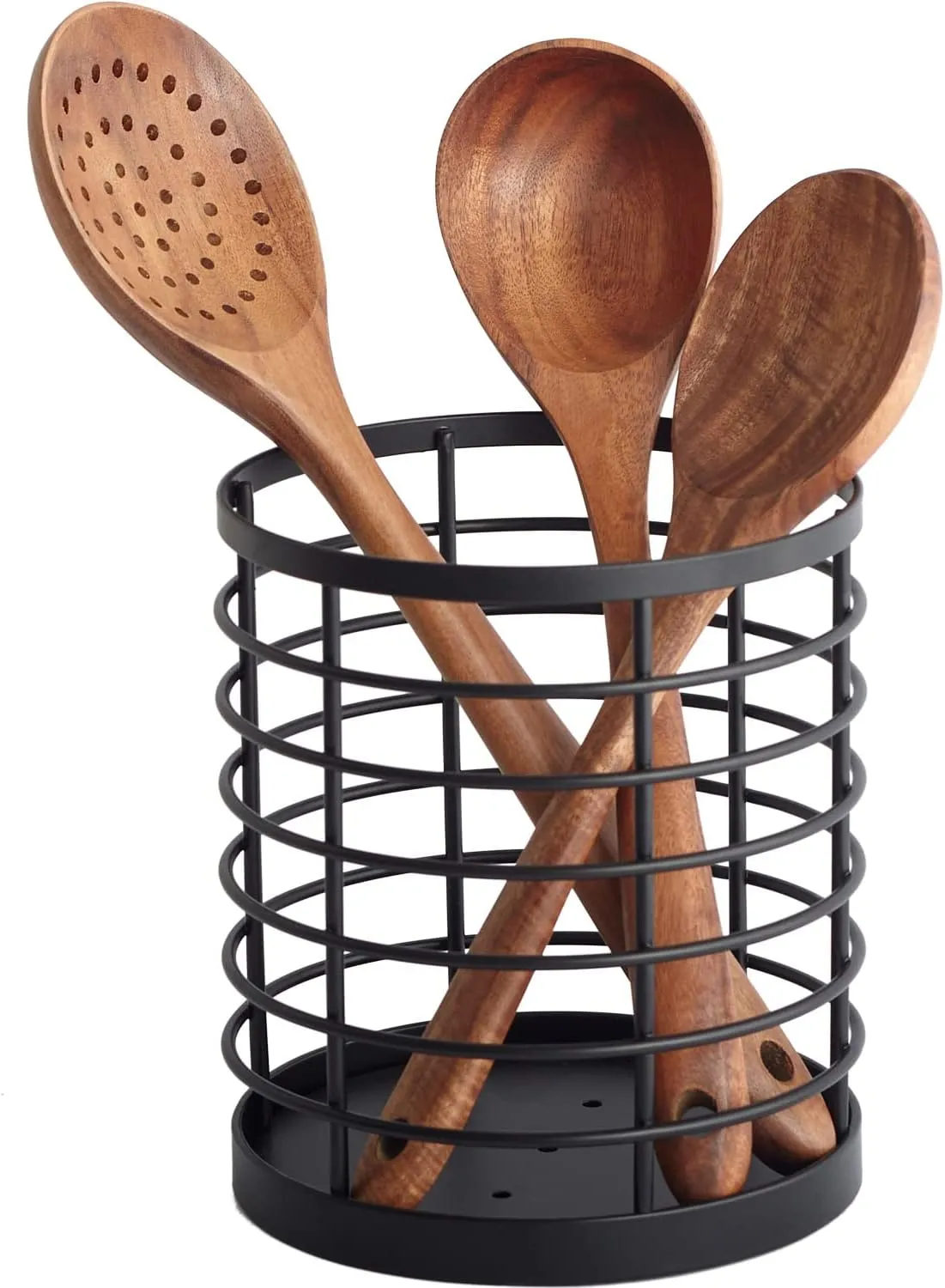 Utensil holder for Kitchen Counter - 5.2" x 5.2" x 6" Large Round Utensils Holder with Wooden Base Matte Black Cooking Utensil HolderKitchen countertop Utensil Organizer (Metal)