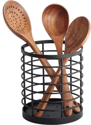 Utensil holder for Kitchen Counter - 5.2" x 5.2" x 6" Large Round Utensils Holder with Wooden Base Matte Black Cooking Utensil HolderKitchen countertop Utensil Organizer (Metal)