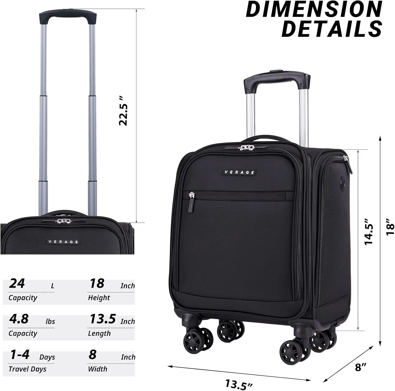 Verage Underseat Carry On Luggage with Wheels, 14.5-Inch Spinner Small Suitcase, Softside Lightweight Travel Bag for Men and Women, Airplane Carry On Bag, Black