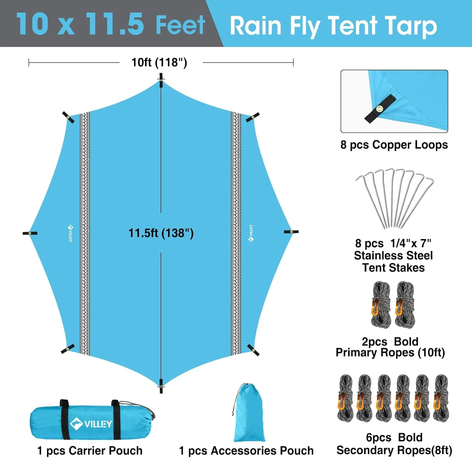VILLEY Waterproof Hammock Tent Rain Fly, Octagonal Camping Tarp, Sun Shelter for Camping, Backpacking, Hiking, Accessory Includes Stakes, Ropes and Carry Bag (Blue)
