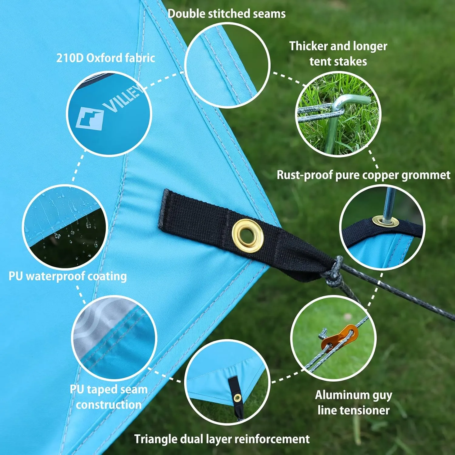 VILLEY Waterproof Hammock Tent Rain Fly, Octagonal Camping Tarp, Sun Shelter for Camping, Backpacking, Hiking, Accessory Includes Stakes, Ropes and Carry Bag (Blue)