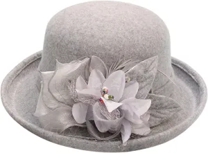 Vintage Women Floral Wool Dress Cloche Winter Hat 1920s Stylish Round Bowler Hats Fedoras Church Cap