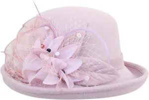 Vintage Women Floral Wool Dress Cloche Winter Hat 1920s Stylish Round Bowler Hats Fedoras Church Cap