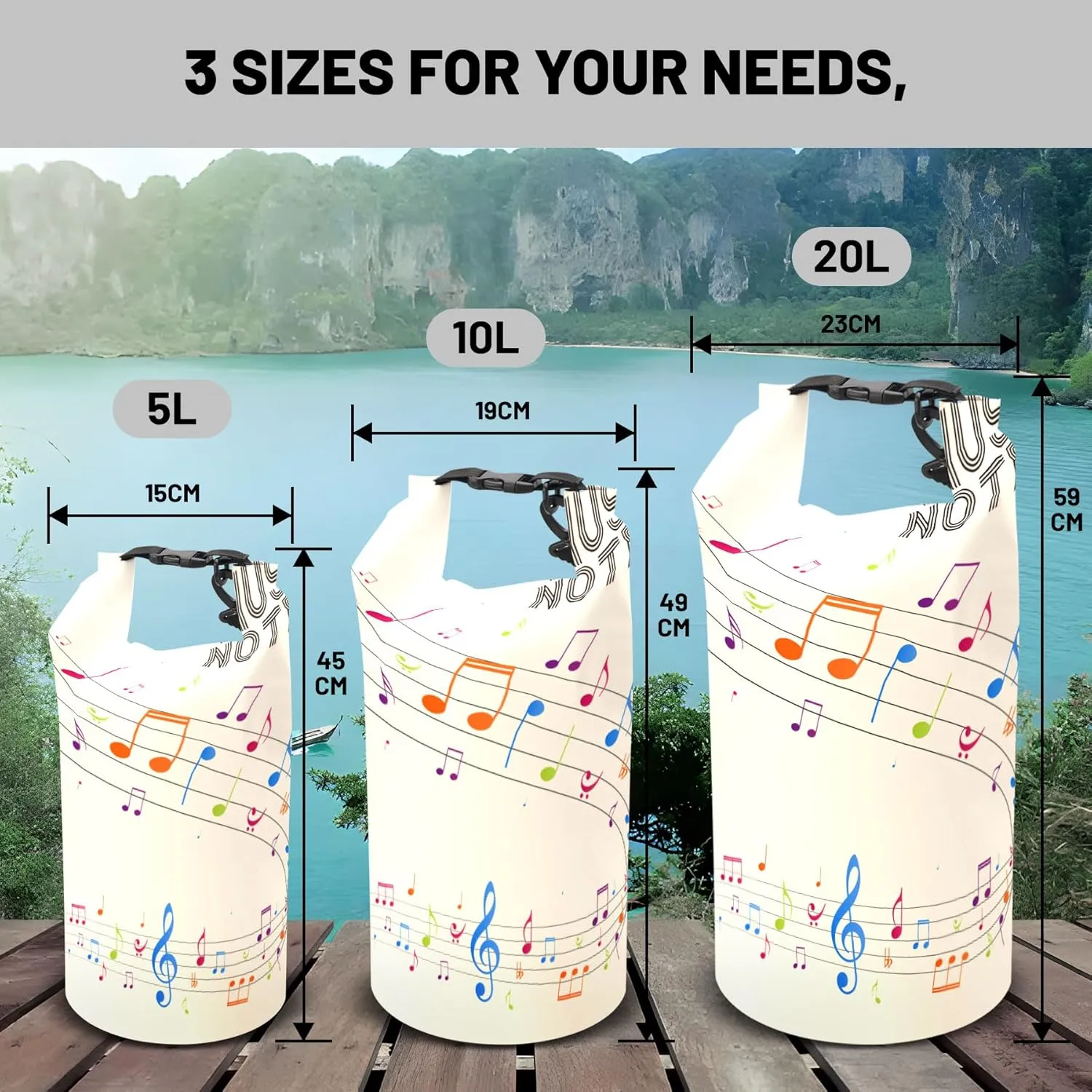 Waterproof Dry Bag,Roll Top Music Notes Waterproof Backpack 5L/10L/20L Floating and Lightweight Bags for Kayaking, Boating, Fishing, Swimming and Camping
