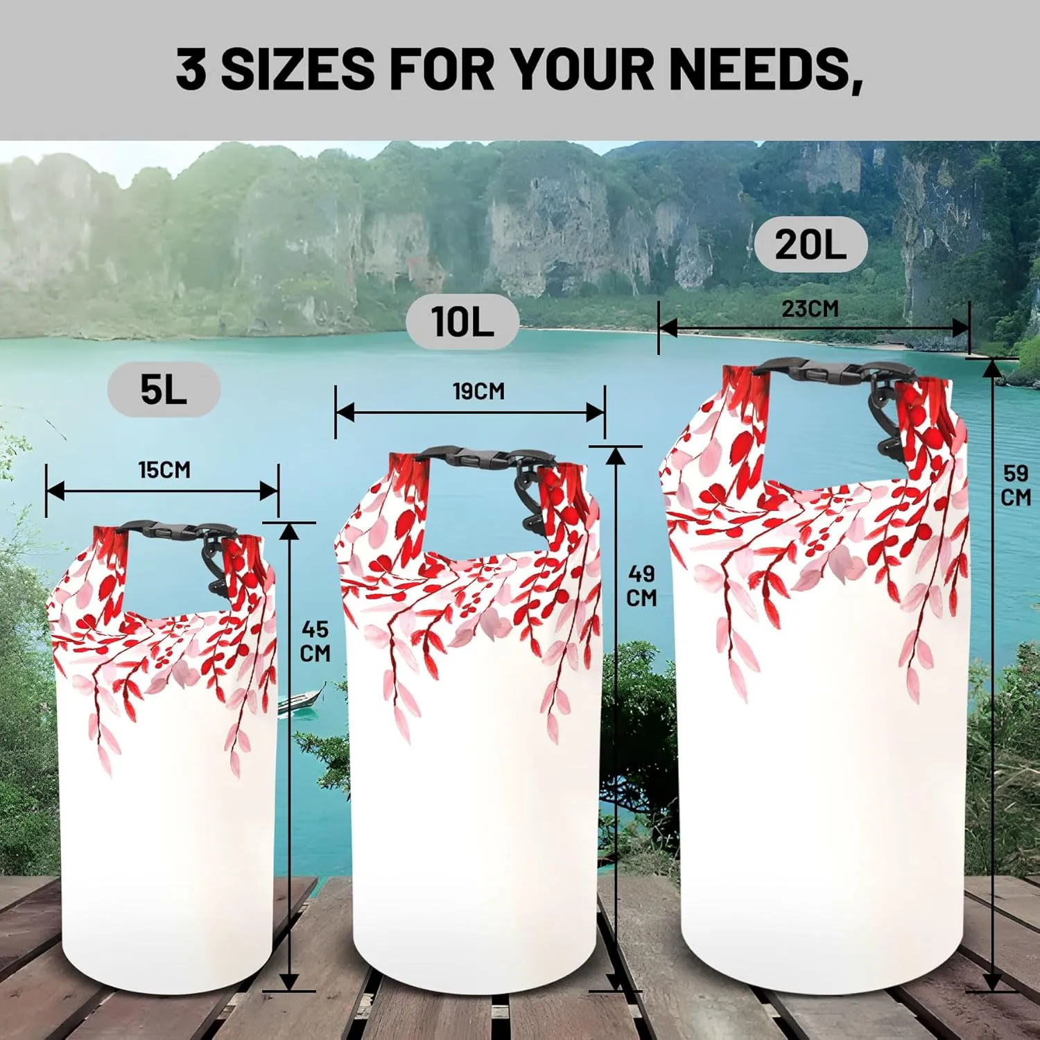 Waterproof Dry Bag,Roll Top Red Eucalyptus Small Waterproof Backpack 5L/10L/20L Floating and Lightweight Bags for Kayaking, Boating, Fishing, Swimming and Camping
