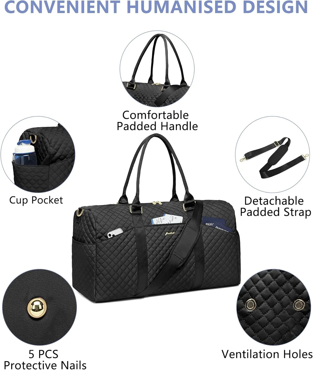 Weekender Travel Duffle Bag for Women - Carry on Bag with Shoe Compartment Overnight Bags with Wet Pocket Toiletry Bags Weekend Yoga Gym Traveling Hospital Bags for Labor and Delivery Black