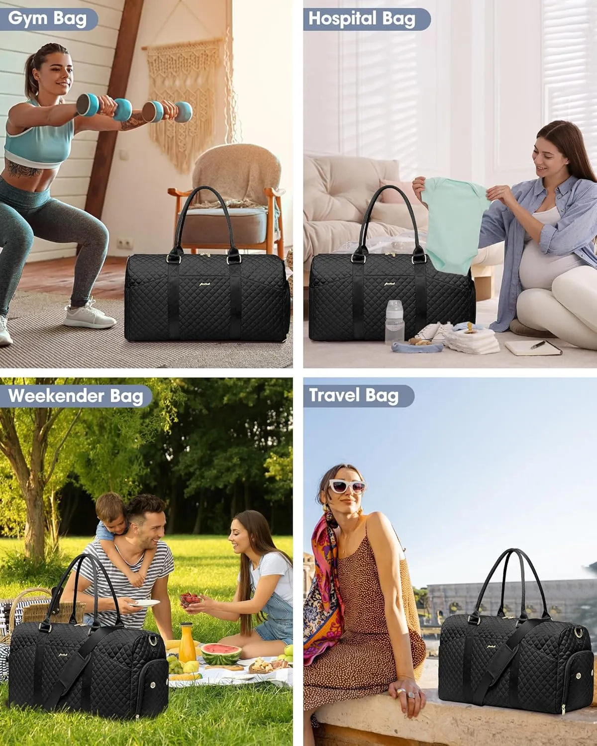Weekender Travel Duffle Bag for Women - Carry on Bag with Shoe Compartment Overnight Bags with Wet Pocket Toiletry Bags Weekend Yoga Gym Traveling Hospital Bags for Labor and Delivery Black