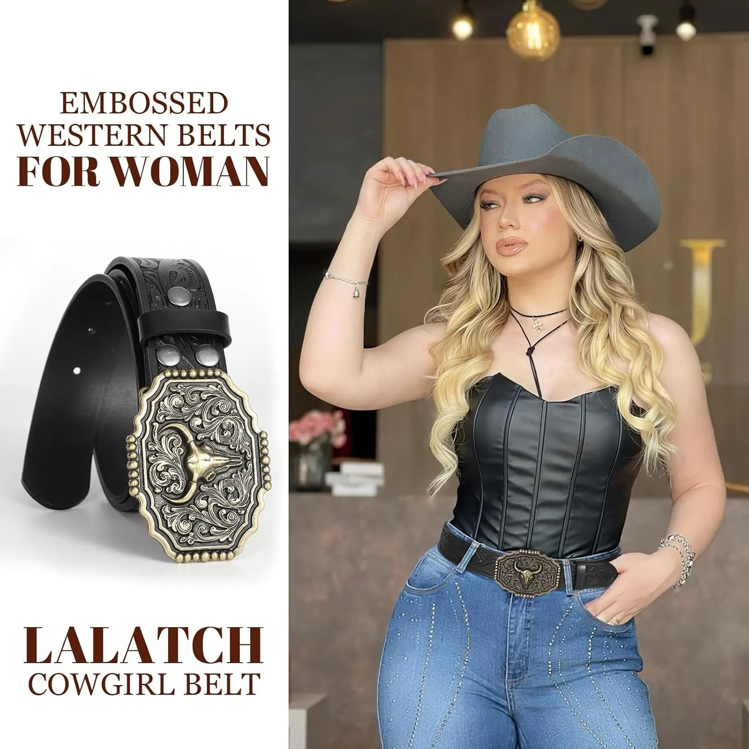 Western Belts for Woman Men, Cowboy Cowgirl Belt Embossed Western Country Bull Buckle Leather Belts for Jeans
