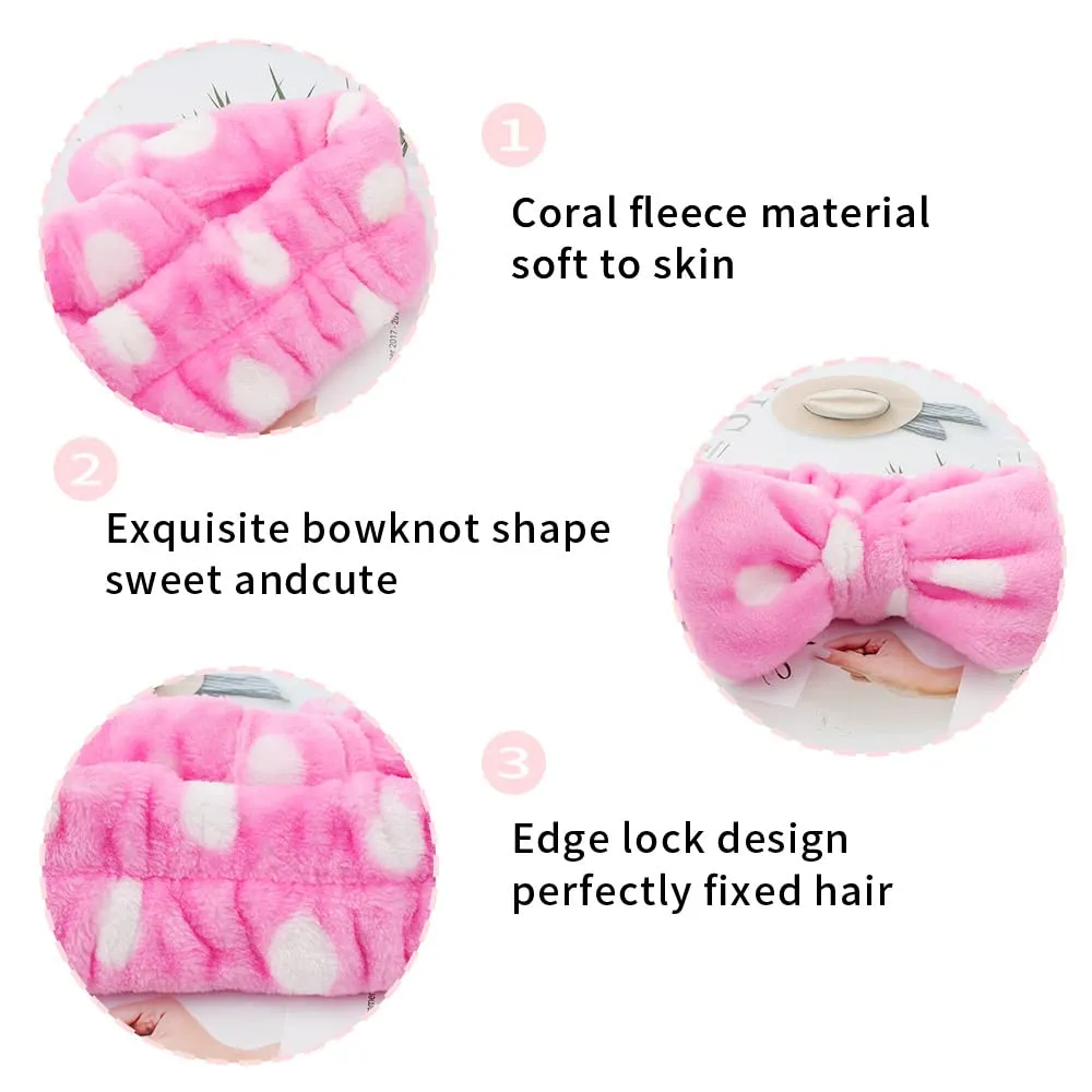 WHAVEL 6 Pack Pink Spa Headbands, Makeup Headbands Skincare Headbands Microfiber Bow Headbands Leopard Stripe Polka Facial Headband Soft Elastic Hair Band Headband for Washing Face