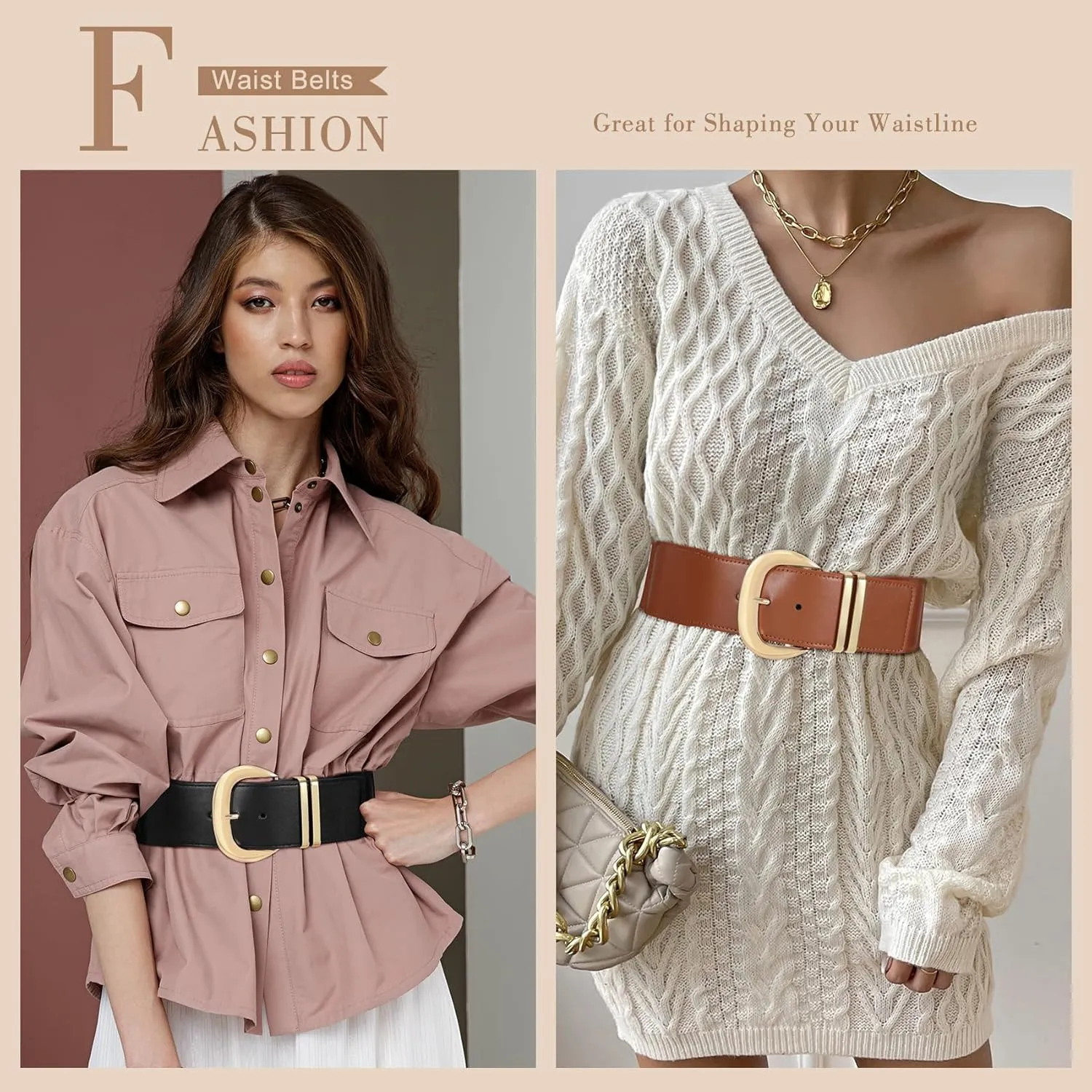 WHIPPY Women Wide Elastic Waist Belt for Dresses Fashion Gold Buckle Stretchy Leather Waistband for Ladies