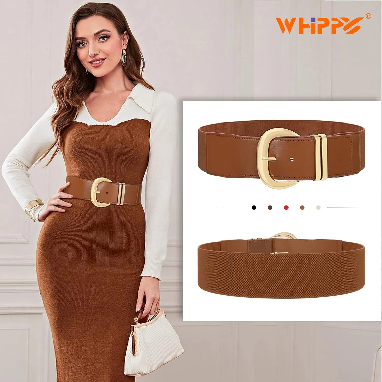WHIPPY Women Wide Elastic Waist Belt for Dresses Fashion Gold Buckle Stretchy Leather Waistband for Ladies