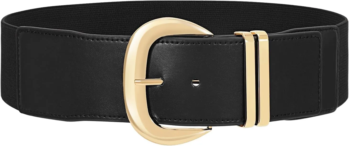 WHIPPY Women Wide Elastic Waist Belt for Dresses Fashion Gold Buckle Stretchy Leather Waistband for Ladies