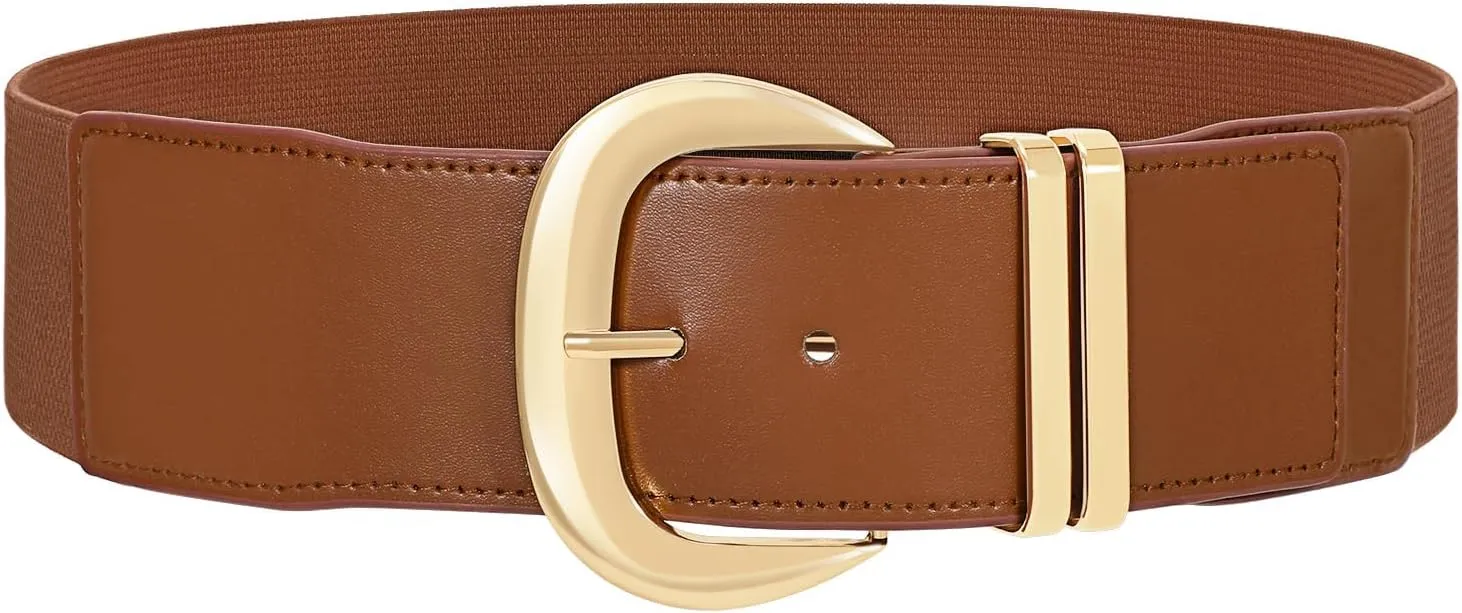 WHIPPY Women Wide Elastic Waist Belt for Dresses Fashion Gold Buckle Stretchy Leather Waistband for Ladies