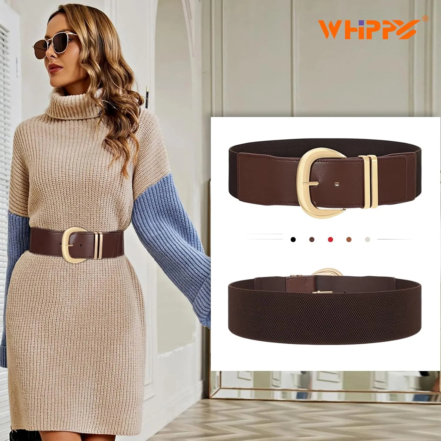 WHIPPY Women Wide Elastic Waist Belt for Dresses Fashion Gold Buckle Stretchy Leather Waistband for Ladies