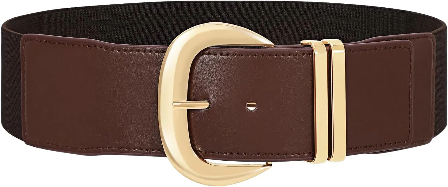 WHIPPY Women Wide Elastic Waist Belt for Dresses Fashion Gold Buckle Stretchy Leather Waistband for Ladies