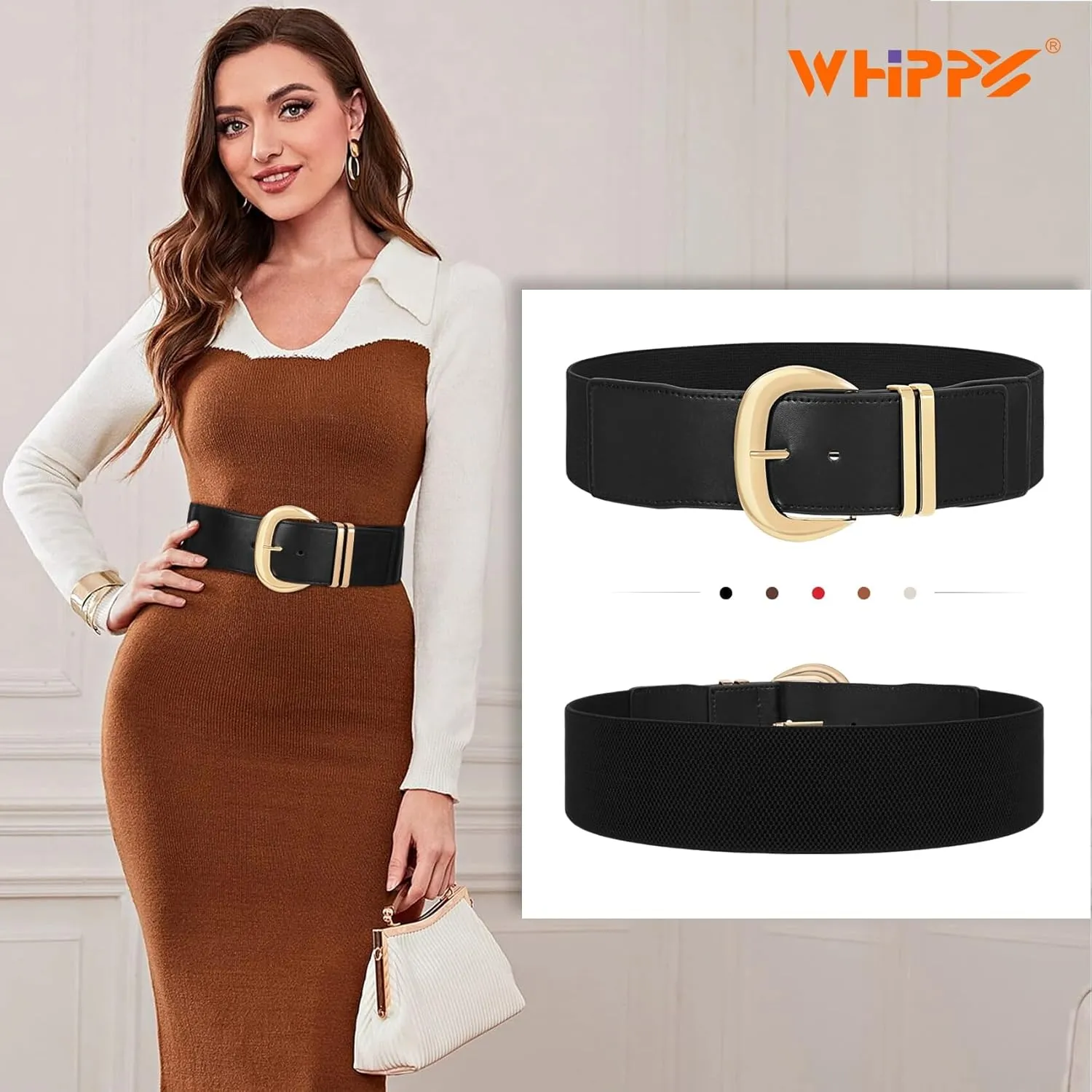 WHIPPY Women Wide Elastic Waist Belt for Dresses Fashion Gold Buckle Stretchy Leather Waistband for Ladies
