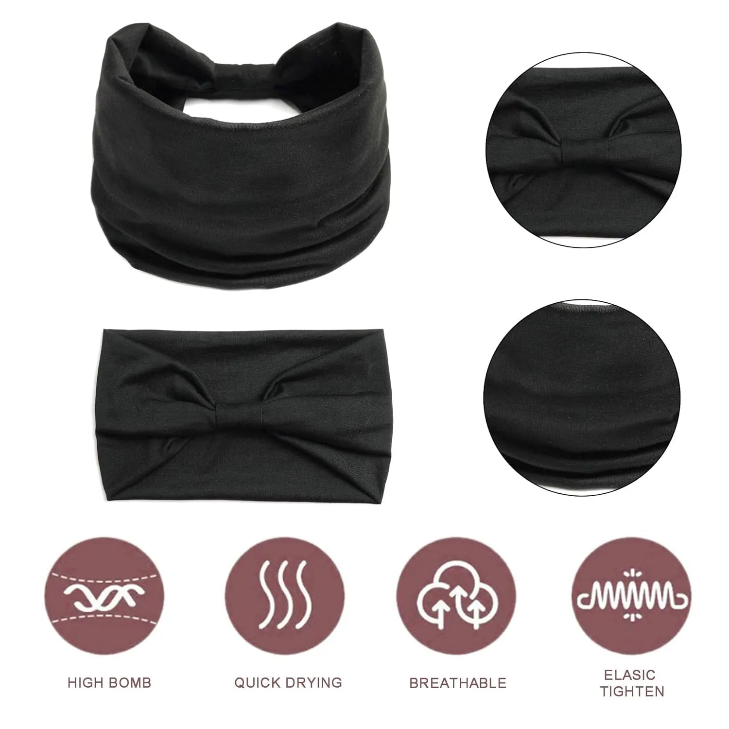 Wide Headbands for Women Black Head Wraps Knotted Headband Stretchy Hairband Non Slip Knotted Turban Headbands Soft Bandana Hairband Workout Yoga Head Bands for Women's Hair 6 Pcs