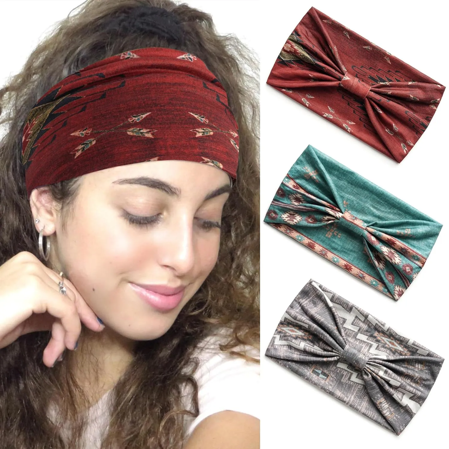 Wide Headbands for Women Boho Head Bands Knotted Head Wraps Elastic Turban Non Slip Hair Scarfs Fashion Hairbands Workout Bandana Headband for Women's Hair African Sweatband Bohemian Turban