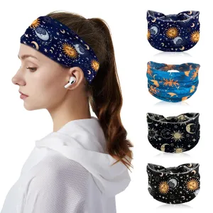 Wide Headbands for Women - Boho Non Slip Elastic Cotton Headband, Fashion Moon and Star Thick Wrap Band, Ideal Sweat Hair Accessories for Yoga & Fitness, 4 Pack Bandana Gifts