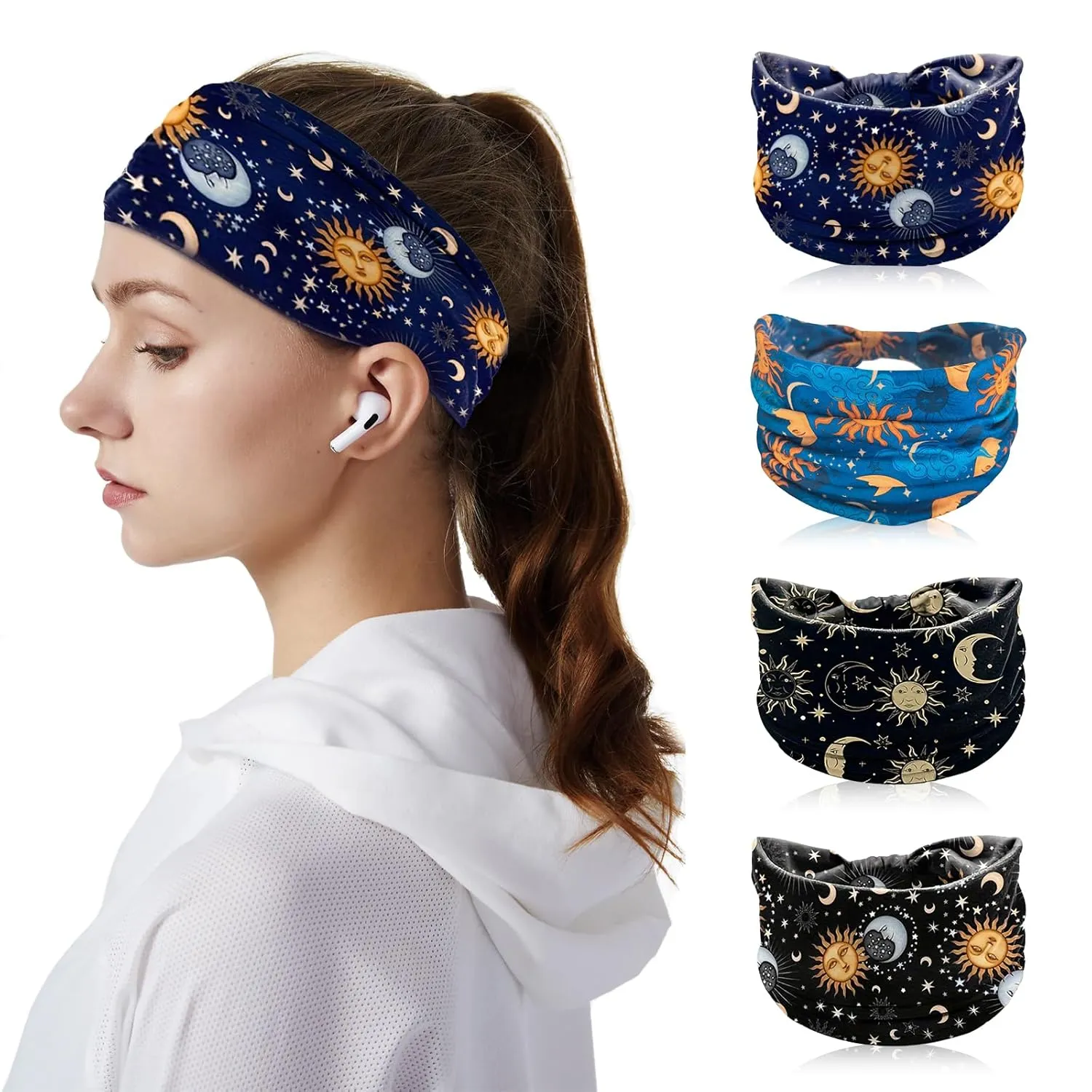 Wide Headbands for Women - Boho Non Slip Elastic Cotton Headband, Fashion Moon and Star Thick Wrap Band, Ideal Sweat Hair Accessories for Yoga & Fitness, 4 Pack Bandana Gifts