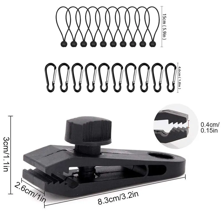 Windproof Canopy Fixed Tent Clip Rope Buckle Set 10 Clips 10 White Ropes 10 Black Buckles