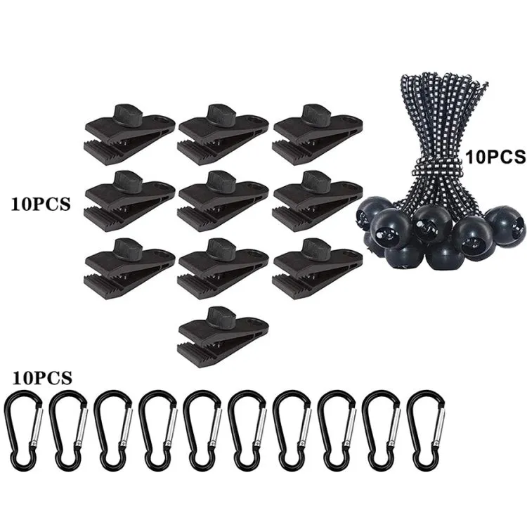 Windproof Canopy Fixed Tent Clip Rope Buckle Set 10 Clips 10 White Ropes 10 Black Buckles
