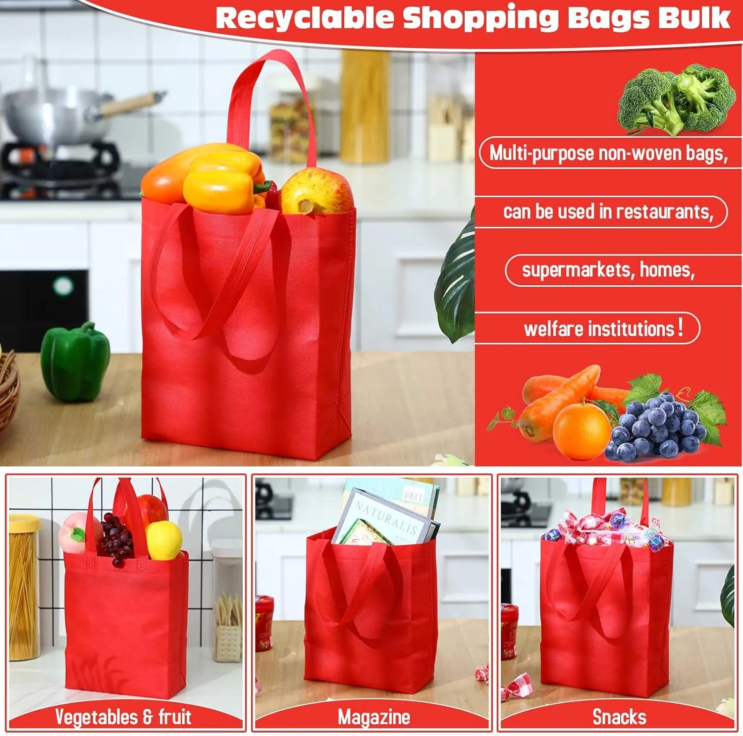 Windyun 50 Pcs Reusable Tote Bags Bulk 8 x 4 x 10 inch Non Woven Grocery Tote with Handles Reusable Shopping Bags for Party