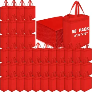 Windyun 50 Pcs Reusable Tote Bags Bulk 8 x 4 x 10 inch Non Woven Grocery Tote with Handles Reusable Shopping Bags for Party