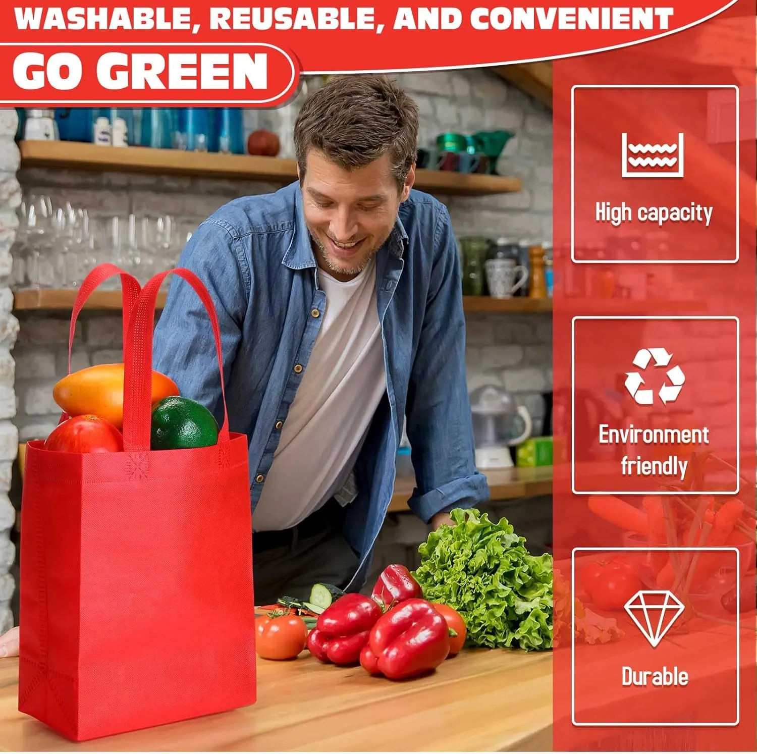 Windyun 50 Pcs Reusable Tote Bags Bulk 8 x 4 x 10 inch Non Woven Grocery Tote with Handles Reusable Shopping Bags for Party