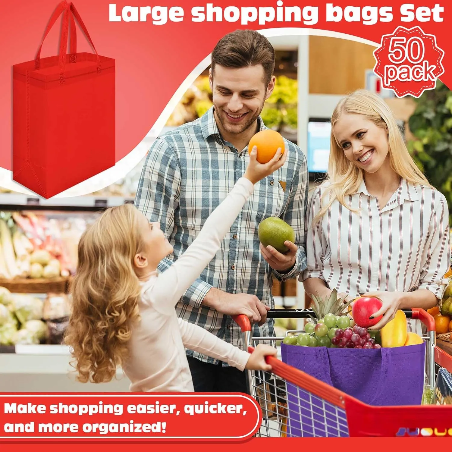 Windyun 50 Pcs Reusable Tote Bags Bulk 8 x 4 x 10 inch Non Woven Grocery Tote with Handles Reusable Shopping Bags for Party