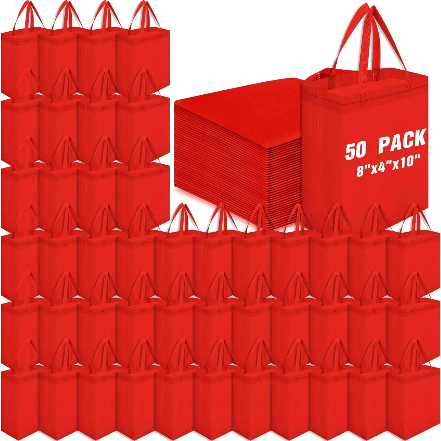 Windyun 50 Pcs Reusable Tote Bags Bulk 8 x 4 x 10 inch Non Woven Grocery Tote with Handles Reusable Shopping Bags for Party