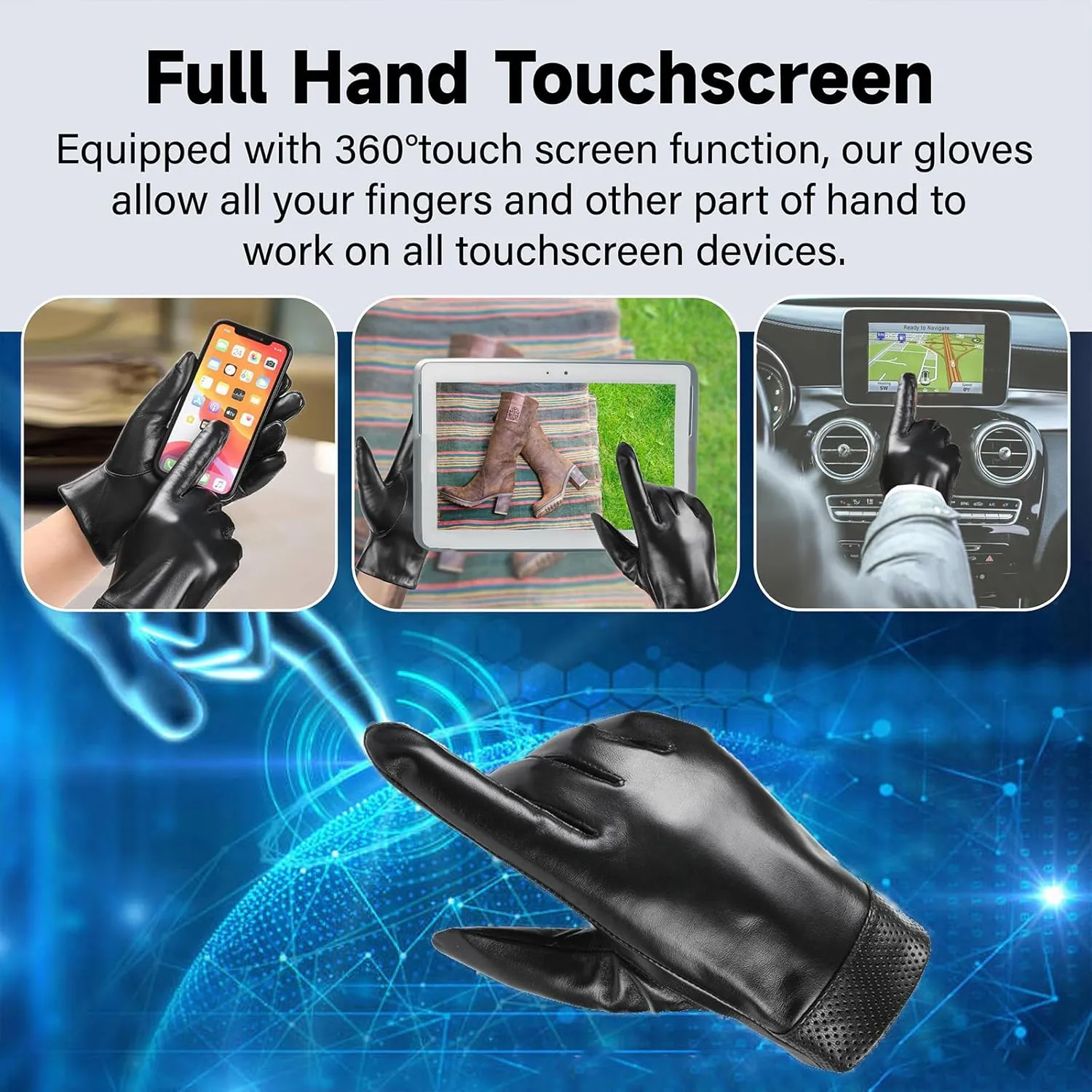 Winter Leather Gloves for Men, Warm Touchscreen Cycling Black Outdoor Waterproof Gloves