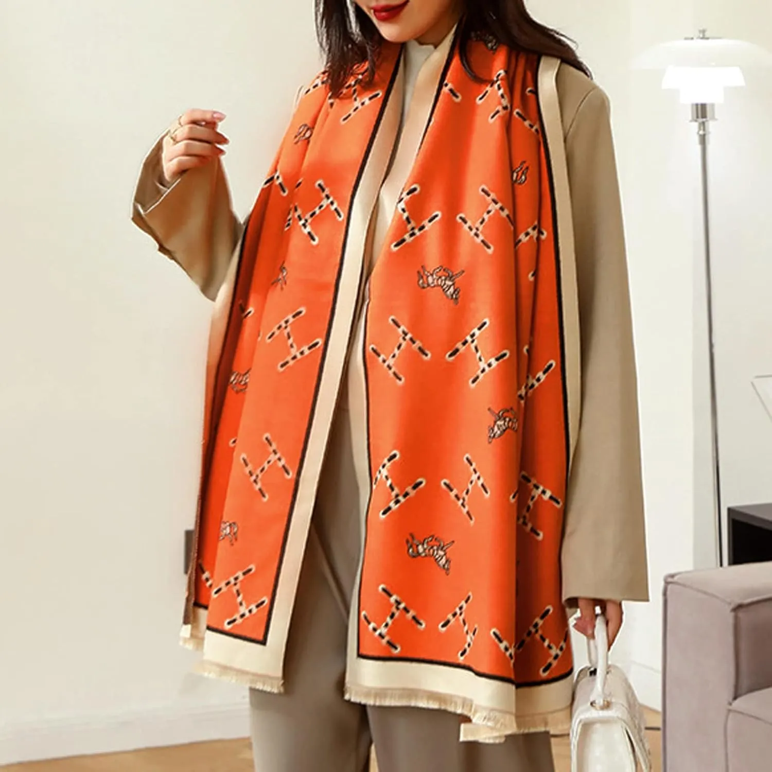 Winter Scarf Cashmere Shawl Women Retro Horse Letter Pattern Warm Pashmina Scarves With Tassel Soft Long Wrap Stole