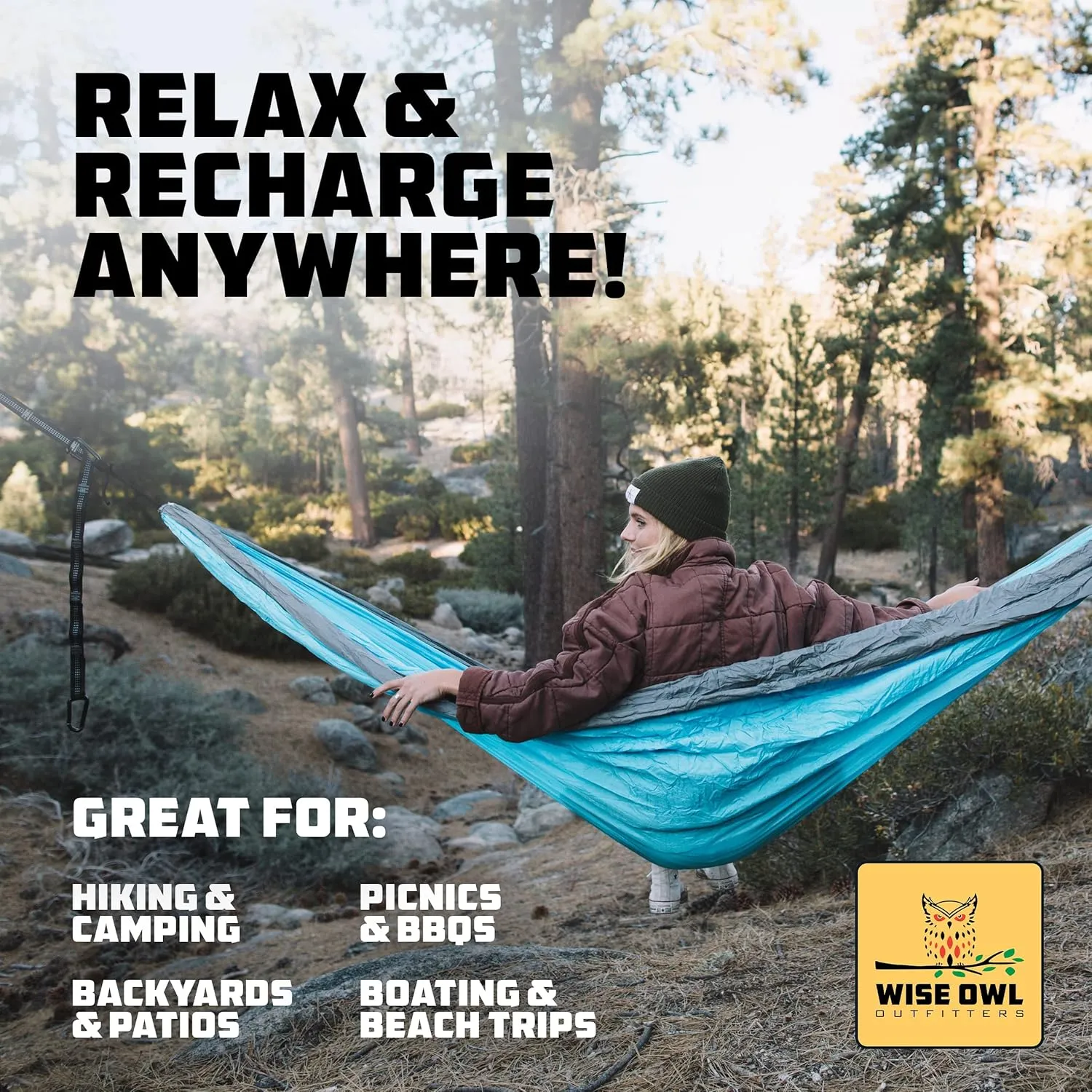 Wise Owl Outfitters Camping Hammock  500lbs Portable Hammock with Tree Straps - Travel, Backpacking, Hiking, Outdoors Camping Gear - Single or Double