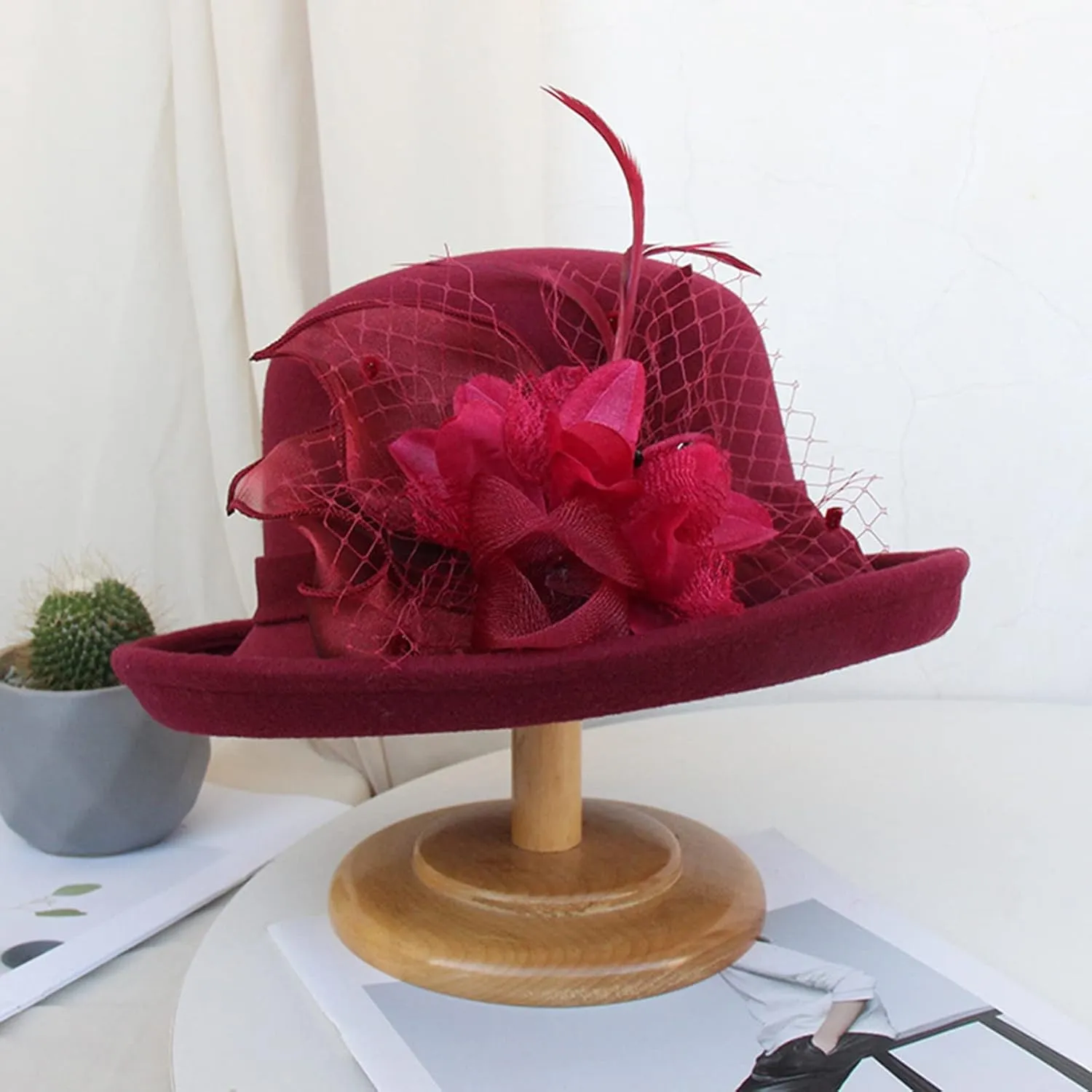 Women Bucket Hat 1920s Vintage Cloche Bowler Hat with Bow/Flower Ladies 1920s Vintage Bowler Flower Hat