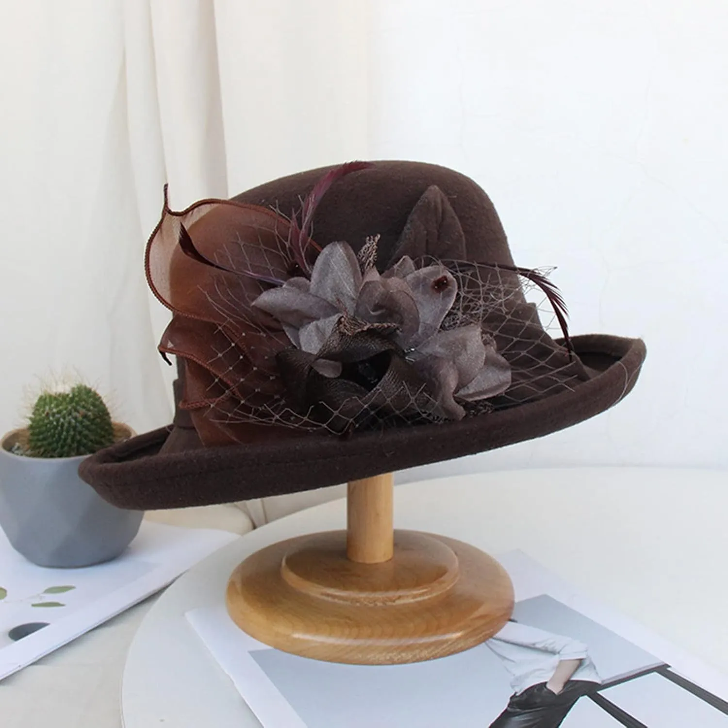Women Bucket Hat 1920s Vintage Cloche Bowler Hat with Bow/Flower Ladies 1920s Vintage Bowler Flower Hat