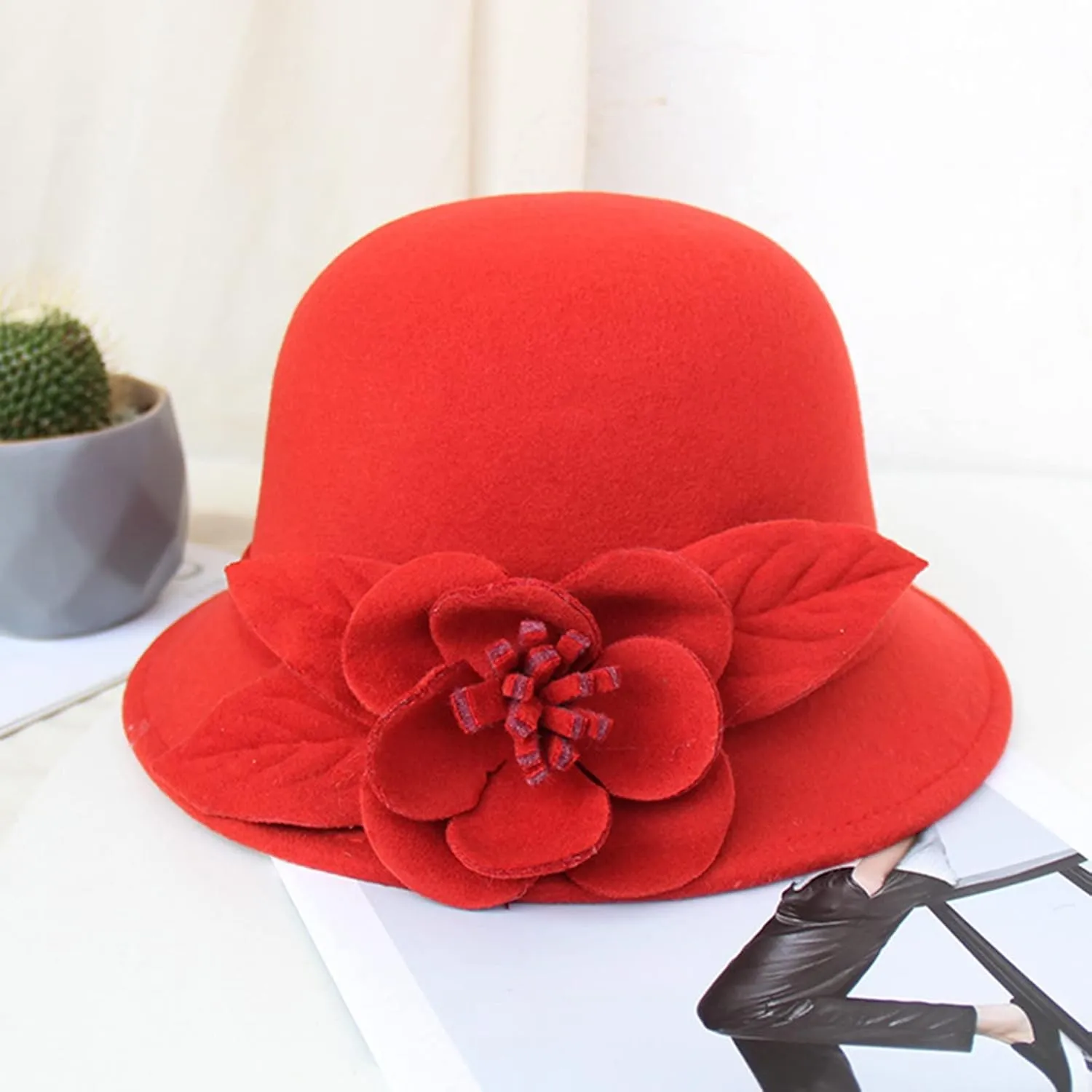 Women Church Cloche Foldable Hats Lady Felt Bucket Summer Winter Flower Elegant Dressy Formal Fashionable Wedding Caps