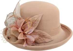 Women Elegant Vintage Felt Cloche Bowler Hats Summer Winter Warm Bucket Hat Church Party Wedding Caps with Bowknot