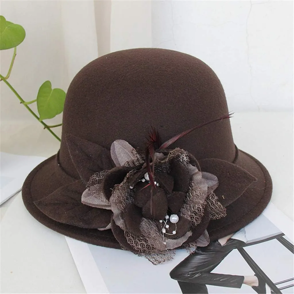 Women Fall Summer Winter Wool Bucket Hats Classic Elegant Vintage Warm Felt Cloche Bowler Hat with Brim Round with Bow