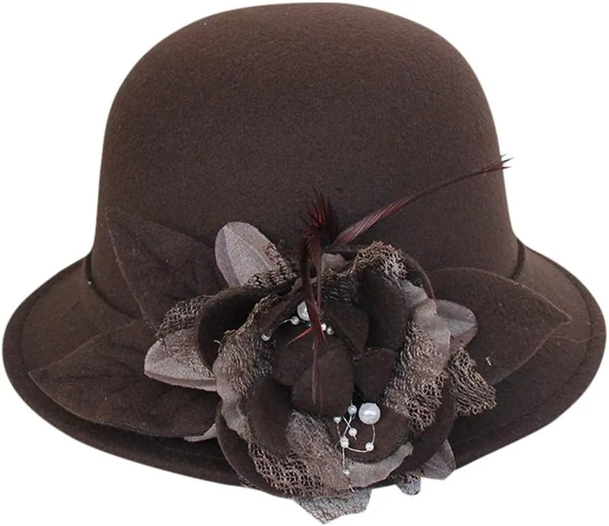 Women Fall Summer Winter Wool Bucket Hats Classic Elegant Vintage Warm Felt Cloche Bowler Hat with Brim Round with Bow