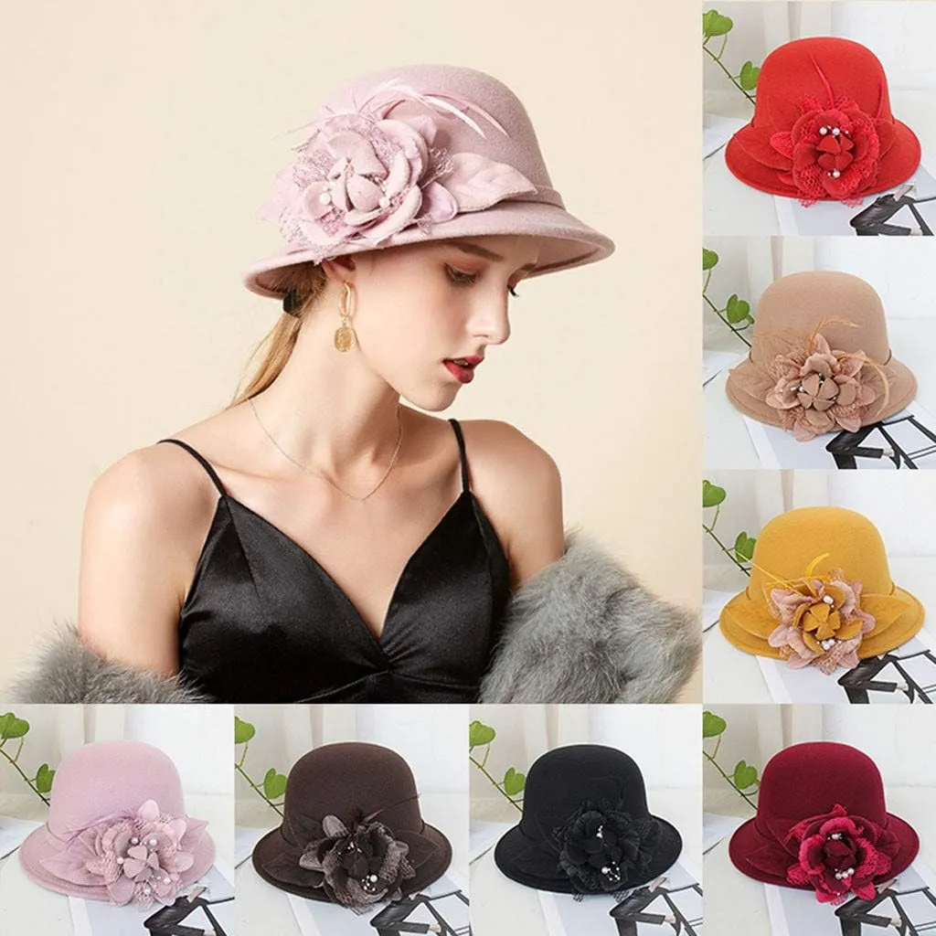 Women Fall Summer Winter Wool Bucket Hats Classic Elegant Vintage Warm Felt Cloche Bowler Hat with Brim Round with Bow