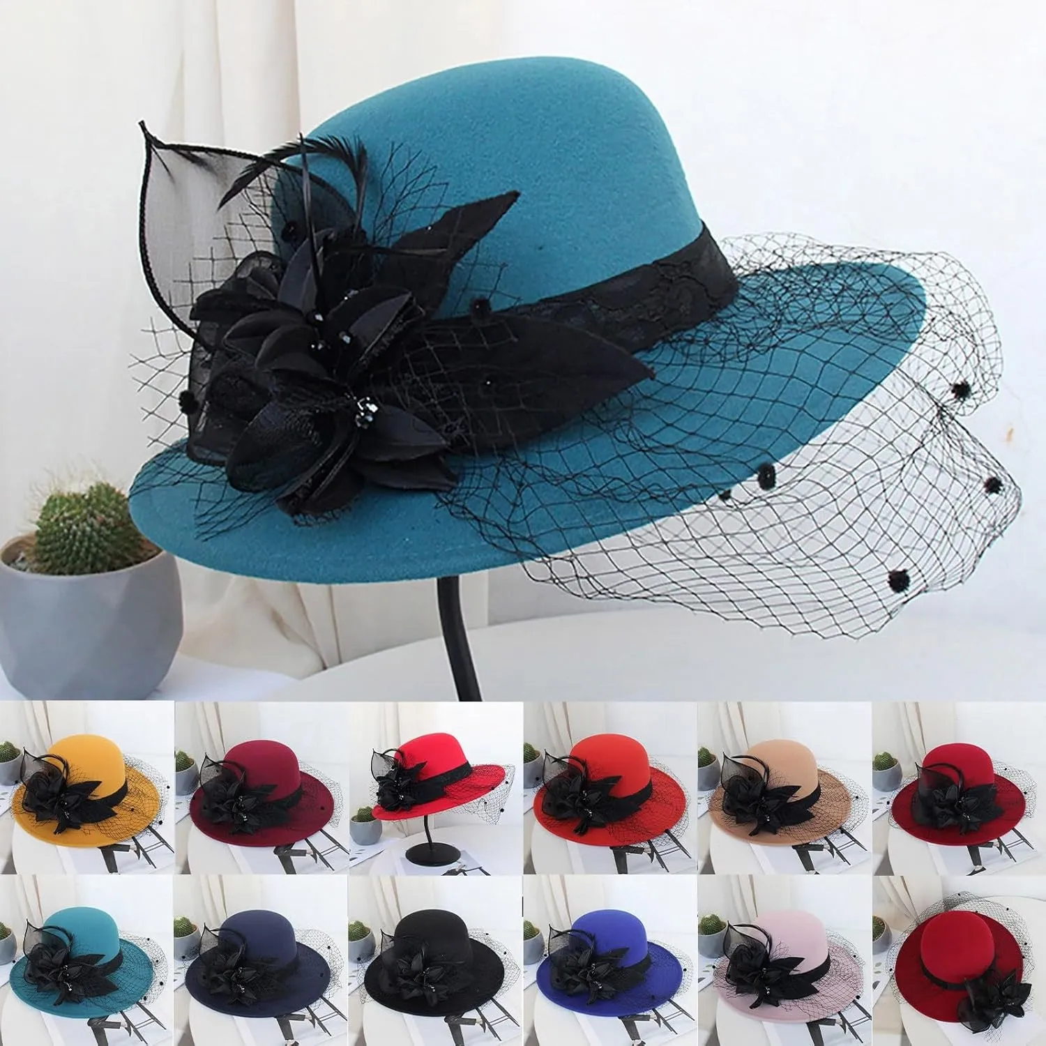 Women Fall Winter Wool Vintage Felt Bucket Elegant Hat Church Dress Cloche Hats Formal Wedding Hat with Bow