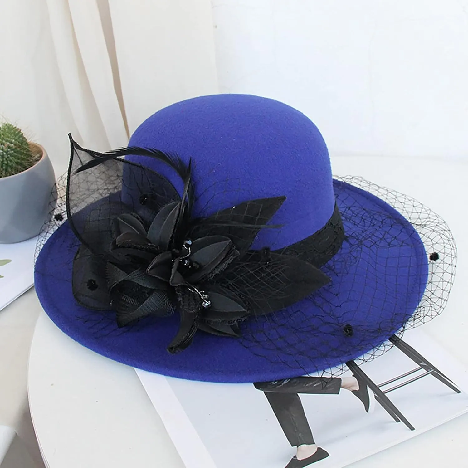 Women Fall Winter Wool Vintage Felt Bucket Elegant Hat Church Dress Cloche Hats Formal Wedding Hat with Bow