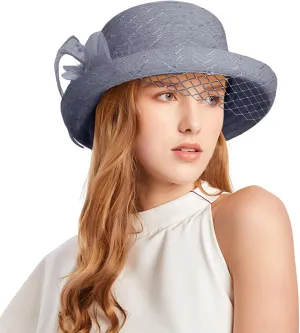Womens 1920s Summer Sun Church Hats for Women Bucket Cloche Bowler Hat Vintage Cloche Round Hat with Flower Navy